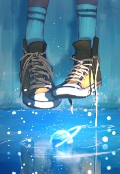 1other ambiguous_gender brown_shoes commentary_request double_horizontal_stripe feet foot_focus highres original out_of_frame planet planetary_ring sanmen_(threeface_il) shoes sneakers socks striped_clothes striped_socks untied_shoelaces white_socks