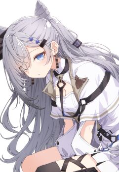 Rule 34 | 1girl, black ribbon, black thighhighs, blue eyes, braid, braided bangs, breasts, cleavage, cone hair bun, cropped jacket, double bun, dress, earrings, elbow cutout, from side, grey hair, hair bun, hair ornament, hair over one eye, hair ribbon, hairclip, hashtag-only commentary, highres, hololive, hololive indonesia, jacket, jewelry, long hair, long sleeves, looking at viewer, medium breasts, over-kneehighs, parted lips, pleated dress, ribbon, ryuga (balius), short dress, simple background, single over-kneehigh, single thighhigh, sitting, solo, thigh strap, thighhighs, two side up, very long hair, vestia zeta, vestia zeta (1st costume), virtual youtuber, white background, white dress, white jacket