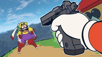 1boy 1girl 2boys absurdres aiming aiming_at_another angry bad_source blue_overalls blue_sky brown_hair carrying cloud cosplay crossover day facial_hair finger_on_trigger furry gloves grass gun handgun hat highres holding holding_gun holding_weapon large_nose long_sleeves m1911 male_focus marina_liteyears mario mario_(series) multiple_boys mustache nintendo outdoors outline overalls porky_draws red_shirt restrained shirt sky struggling sunglasses super_smash_bros. teeth trembling twitter_username v-shaped_eyebrows wario weapon white_gloves white_outline yellow_shirt yuke_yuke!!_trouble_makers