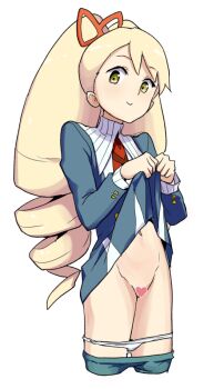 1girl blonde_hair bow censored clothes_lift clothes_pull dress dress_lift drill_hair green_eyes hair_bow heart heart_censor heriyama loli long_hair luna_platz_(mega_man) mega_man_(series) mega_man_star_force_(series) panties panties_around_thighs pantyhose pantyhose_pull simple_background smile twin_drills underwear very_long_hair white_background white_panties