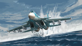 absurdres air-to-air_missile aircraft airplane blue_sky canards canopy_(aircraft) cloud cloudy_sky commentary_request day fighter_jet highres kudryavka_trop military military_vehicle missile original outdoors r-27_vympel r-73_vympel signature sky splashing su-33 vehicle_focus water