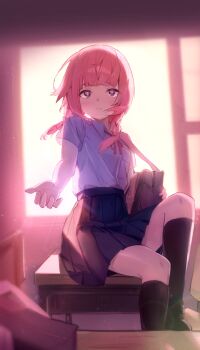 1girl backlighting blue_eyes braid commentary_request desk kaf_(kamitsubaki_studio) kamitsubaki_studio low_twin_braids on_desk pink_hair reaching reaching_towards_viewer school_uniform sitting skirt solo twilight twin_braids usagi_(usagiusgi628) virtual_youtuber yellow_pupils
