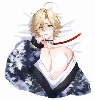 1boy absurdres ahoge bishounen black_choker black_nails blonde_hair blush choker closed_mouth earrings embarrassed green_eyes highres jewelry konsai_2 leash lying male_focus nipples on_back onmyoji short_hair solo sweat taishakuten_(onmyoji) thumb_ring toned toned_male upper_body