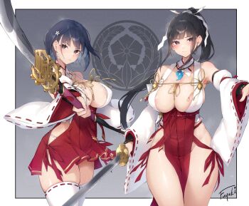 2girls absurdres areola_slip bell black_hair blush breasts earrings flower hair_flower hair_ornament highres holding holding_sword holding_weapon japanese_clothes jewelry large_breasts long_hair mole mole_under_eye multiple_girls nanahara_fuyuki nontraditional_miko original panties pelvic_curtain pleated_skirt ponytail revealing_clothes short_hair signature skindentation skirt sword talisman thigh_strap thighhighs underwear weapon white_panties wide_sleeves