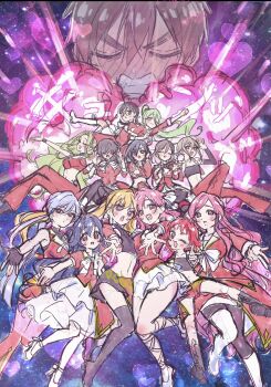 Rule 34 | 1boy, 6+girls, :d, ;d, aijou rentarou, asymmetrical docking, asymmetrical footwear, bare arms, bare legs, bare shoulders, black boots, black gloves, black hair, black pantyhose, black tube top, blonde hair, blue eyes, blush, boots, breast press, breasts, brown hair, clenched teeth, closed eyes, commentary, copyright name, covered eyes, detached sleeves, dress, eiai nano, explosion, fingerless gloves, flat chest, full-face blush, glasses, gloves, green eyes, hair between eyes, hair over eyes, hanazono hahari, hanazono hakari, hand on own chest, haraga kurumi, heart, high heels, highres, idol, iin chiyo, inda karane, kakure meme, kimi no koto ga dai dai dai dai daisuki na 100-nin no kanojo, knee boots, large breasts, long hair, long sleeves, looking at viewer, meido mei, midriff, mole, mole under eye, mole under mouth, multiple girls, navel, official art, one eye closed, open mouth, orange hair, outstretched arm, pants, pantyhose, pink hair, pointing, pointing at viewer, ponytail, purple eyes, purple hair, red dress, red eyes, red hair, red pants, red shirt, red shorts, rentarou family, shirt, shoes, short hair, shorts, single detached sleeve, single knee boot, single thigh boot, sketch, skirt, smile, strapless, sutou iku, teeth, thick eyebrows, thigh boots, tube top, uneven footwear, utsukushisugi mimimi, v-shaped eyebrows, very long hair, white gloves, white shoes, white skirt, wristband, yakuzen kusuri, yamato nadeshiko (hyakkano), yano akane, yellow eyes, yoshimoto shizuka