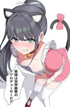 1girl amaya_tsubame angry animal_ear_hairband animal_ears black_hair blue_eyes blush bow breasts cat_ear_hairband cat_ears cat_tail clenched_teeth collarbone commentary_request dress embarrassed fake_animal_ears gakuen_idolmaster hair_ribbon hairband highres idolmaster long_hair looking_at_viewer mole mole_under_eye pink_dress ribbon sakamata_(sakamata4) sidelocks simple_background small_breasts solo speech_bubble standing tail tail_bow tail_ornament teeth thighhighs translation_request white_background white_thighhighs