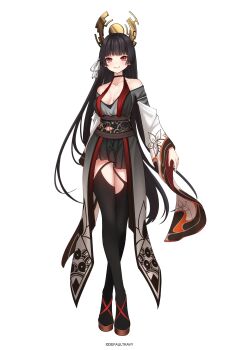 Rule 34 | 1girl, amaterasu (himegami emaki), arm at side, artist name, bare shoulders, black hair, black skirt, black thighhighs, blunt ends, blush, brown sandals, closed mouth, collarbone, commentary request, crossed legs, defaultkavy, floral print sleeves, full body, furisode sleeves, grey kimono, hair ribbon, halo, halterneck, highres, hime cut, himegami emaki, japanese clothes, kimono, layered sleeves, long hair, long sleeves, looking at viewer, miniskirt, obi, pleated skirt, print sleeves, red eyes, ribbon, sandals, sash, simple background, skirt, smile, solo, standing, thighhighs, very long hair, watson cross, white background, white ribbon, white sleeves