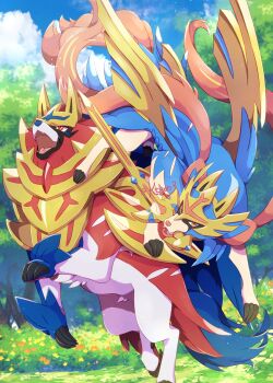 animal_focus cloud commentary_request day fangs gen_8_pokemon highres kechon-san legendary_pokemon mouth_hold nintendo no_humans open_mouth orange_eyes outdoors pokemon pokemon_(creature) sword tongue tree weapon wolf zacian zacian_(crowned) zamazenta zamazenta_(crowned)