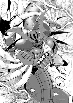 arm_blade biomechanical electricity getter_arc getter_khan getter_kirik getter_robo getter_robo_arc greyscale head_wings highres looking_at_viewer mecha mecha_focus monochrome mura9mo open_mouth profile robot sharp_teeth solo_focus super_robot teeth weapon wings