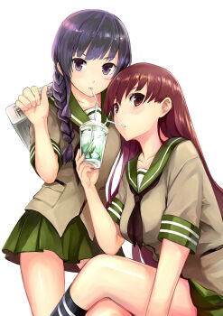 10s 2girls bag bare_legs black_hair blush braid brown_eyes brown_hair drink drinking female_focus green_serafuku highres kantai_collection kitakami_(kancolle) legs long_hair multiple_girls nr_noir ooi_(kancolle) purple_hair school_uniform serafuku shared_drink sitting skirt