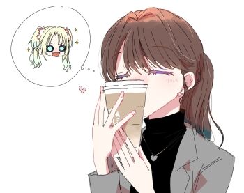 2girls :d aihara_(keitora) black_sweater blonde_hair blue_eyes blue_hair brown_hair closed_eyes commentary_request cup disposable_coffee_cup disposable_cup earrings fang flower fujishima_megumi fujishima_megumi_(post-graduation) gradient_hair grey_jacket hair_flower hair_ornament heart heart_earrings heart_necklace holding holding_cup jacket jewelry link!_like!_love_live! long_hair long_sleeves love_live! multicolored_hair multiple_girls necklace object_kiss official_alternate_costume open_clothes open_jacket open_mouth osawa_rurino pink_flower ponytail sidelocks smile speech_bubble spoken_character stud_earrings suit_jacket sweater thought_bubble v-shaped_eyebrows virtual_youtuber