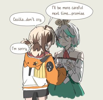 ahoge applying_bandages ascot bandages black_shorts bleeding blood bloody_bandages brown_hair cecilia_immergreen cecilia_immergreen_(1st_costume) colored_inner_hair crying crying_with_eyes_open detached_collar detached_sleeves doll_joints dress elephon english_text first_aid gigi_murin gigi_murin_(1st_costume) green_eyes green_hair grey_hair highres hololive hololive_english hood hoodie injury joints multicolored_hair multiple_girls orange_hoodie red_ascot short_hair shorts streaked_hair tears twintails two-tone_hair virtual_youtuber winding_key