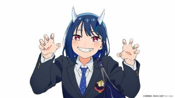 1girl announcement_celebration aoki_ruri blazer blue_hair copyright_notice dragon_horns gao grin highres horns jacket looking_at_viewer necktie official_art red_eyes ruridragon school_uniform slit_pupils smile solo white_background