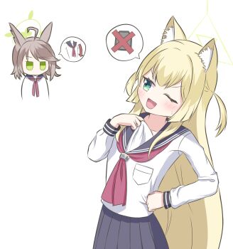 2girls ;d ahoge animal_ear_fluff animal_ears arrow_(symbol) black_sailor_collar black_skirt blonde_hair blue_archive blunt_ends blush breast_conscious brown_hair chibi chibi_inset commentary_request cowboy_shot fang flat_chest fox_ears fox_girl green_eyes green_halo hair_between_eyes halo hand_on_own_hip hand_up highres jitome kurumi_(blue_archive) long_hair long_sleeves looking_at_another multiple_girls neckerchief one_eye_closed open_mouth otogi_(blue_archive) pleated_skirt ppp777ppp7772000 red_neckerchief sailor_collar school_uniform serafuku shirt sidelocks skirt smile speech_bubble spoken_object straight_hair sweatdrop triangle_halo two_side_up upper_body v-shaped_eyebrows very_long_hair white_shirt