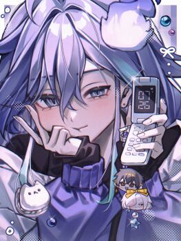 1boy absurdres aqua_hair bishounen black_shirt blue_eyes blue_hair blush cellphone character_charm charm_(object) commentary dated earrings eyelashes flip_phone hair_between_eyes highres hitodama holding holding_phone holostars jewelry long_hair long_sleeves looking_at_viewer male_focus minase_rio minase_rio_(1st_costume) multicolored_hair phone portrait purple_eyes purple_hair shirt slit_pupils smile solo streaked_hair uproar_(holostars) utsugi_uyu virtual_youtuber yatogami_fuma yu_yu_(yuyuuuu99550771)