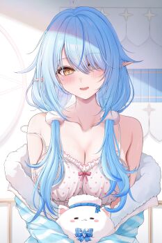 1girl 7nopi :d absurdres ahoge blue_hair blue_jacket breasts camisole cleavage colored_tips commentary_request day elf frilled_camisole frills fur-trimmed_jacket fur_trim hair_over_one_eye hair_over_shoulder heart heart_ahoge highres hololive indoors jacket large_breasts light_blush long_hair long_pointy_ears low_twintails multicolored_hair off_shoulder official_alternate_costume open_mouth pointy_ears polka_dot_camisole smile solo straight-on strap_slip streaked_hair striped_clothes striped_jacket swept_bangs twintails virtual_youtuber white_camisole yellow_eyes yukihana_lamy yukihana_lamy_(roomwear) yukimin_(yukihana_lamy)