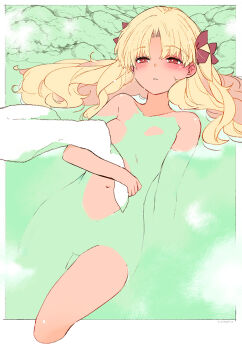 1girl azumi_(myameco) blonde_hair blush breasts commentary_request completely_nude ereshkigal_(fate) fate/grand_order fate_(series) hair_ribbon holding holding_towel long_hair lying navel nude on_back onsen partially_submerged red_eyes red_ribbon ribbon small_breasts solo towel