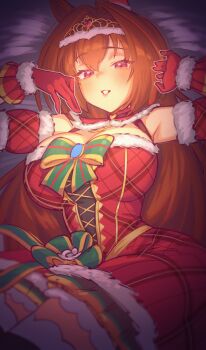 1girl absurdres animal_ears arm_garter blush bow breasts brown_hair commentary daiwa_scarlet_(scarlet_nuit_etoile)_(umamusume) daiwa_scarlet_(umamusume) dress ear_covers english_commentary fur-trimmed_dress fur-trimmed_gloves fur_armlet fur_trim gloves green_bow hair_between_eyes hair_intakes highres horse_ears horse_girl large_breasts long_hair looking_at_viewer lying official_alternate_costume official_alternate_hairstyle on_back open_mouth plaid_clothes plaid_dress red_dress red_eyes red_gloves santa_costume santa_dress sher_(imnotsher) single_ear_cover smile solo thighhighs tiara umamusume very_long_hair yellow_bow