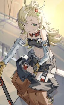 1girl bare_shoulders black_shirt black_shorts blonde_hair blush breasts cleavage closed_mouth cowboy_shot crop_top detached_pants earrings gloves goggles goggles_around_neck green_eyes highres holding holding_weapon jewelry long_hair looking_at_viewer midriff navel one_eye_closed orange_pants outdoors pants piper_wheel road rxo2xs shirt shorts sitting small_breasts smile solo spiked_shirt weapon yellow_gloves zenless_zone_zero