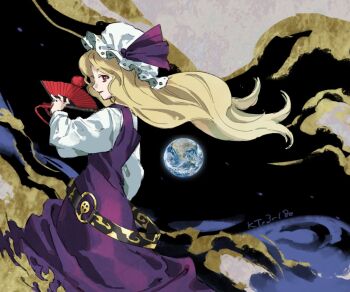 1girl belt commentary dress earth_(planet) from_side hand_fan hat holding holding_fan kaigen_1025 long_hair long_sleeves mob_cap parted_lips planet purple_dress red_eyes shirt smile solo space touhou twitter_username watatsuki_no_toyohime white_shirt