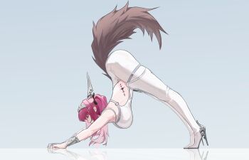 Rule 34 | 1girl, bodysuit, breasts, commentary, cybernetic sam, grey background, high heels, highres, large breasts, lupa (wuthering waves), profile, purple hair, reflection, simple background, sleeveless, sleeveless bodysuit, solo, tail, top-down bottom-up, white bodysuit, wolf girl, wolf tail, wuthering waves