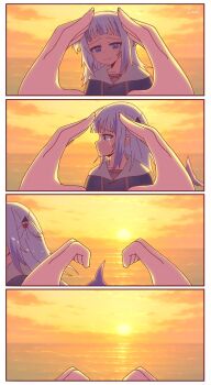 1girl 1other blue_eyes blue_hair closed_mouth fins fish_tail gawr_gura gawr_gura_(1st_costume) grey_hair hair_between_eyes heart heart_hands highres hololive hololive_english hood hoodie lexl_animation long_hair multicolored_hair shark_girl shark_tail streaked_hair sunset tail tears virtual_youtuber white_hair white_hoodie