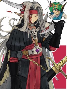 2boys ahoge anger_vein aqua_tunic armor black_gloves black_shirt blood blood_on_face bloody_knife bloody_weapon cape commentary_request cowboy_shot demon_boy dragon_quest dragon_quest_iv fins forehead_protector fur_cape gloves green_hair harness head_fins headband hero_(dq4) highres holding holding_knife knife long_hair looking_to_the_side male_focus multiple_boys object_through_head parted_hair pauldrons pisaro pointy_ears red_eyes red_headband red_sash sash scabbard sheath shirt shoulder_armor single_pauldron spiked_pauldrons sword sword_in_head tunic upper_body weapon white_background white_hair white_shirt y_hcei10