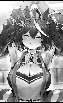 1girl absurdres ahoge animal_ears armpits arms_up blush breasts chanchanko_(clothes) cleavage cleavage_cutout closed_eyes closed_mouth clothing_cutout detached_sleeves dot_nose double-parted_bangs flower frown furrowed_brow greyscale hair_between_eyes hair_flower hair_ornament hair_ribbon highres horse_ears horse_girl kitasan_black_(crowning_ooban)_(umamusume) kitasan_black_(umamusume) large_breasts monochrome multicolored_hair niwarhythm ribbon rope shimenawa short_hair sleeveless solo steam steaming_body streaked_hair stretching two_side_up umamusume upper_body v-shaped_eyebrows wide_sleeves