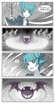 ... 1girl :d :o absurdres aqua_eyes aqua_hair comic commentary_request creature demon_wings double_bun glowing goat_girl hair_bun happy highres holding holding_wand hood hood_down hooded_robe horns long_sleeves magic magic_circle one-eyed open_mouth original partially_colored robe running_bond sarara_(yoasobi) silent_comic smile spoken_ellipsis spoken_squiggle squiggle summoning sweat visible_air wand wide_sleeves wings