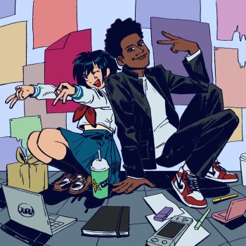 1boy 1girl absurdres afro black_hair black_socks blue_background blue_skirt brown_eyes brown_footwear closed_mouth computer dark-skinned_male dark_skin eraser gakuran handheld_game_console highres jururenu laptop leaning_to_the_side looking_at_viewer marvel midriff_peek miles_morales nike_(company) nintendo_ds one_eye_closed open_mouth peni_parker playstation_portable red_footwear red_ribbon ribbon sailor school_uniform shadow shirt shoes signature skirt smile sneakers socks spider-man:_into_the_spider-verse spider-man_(series) spider-verse v white_shirt white_socks