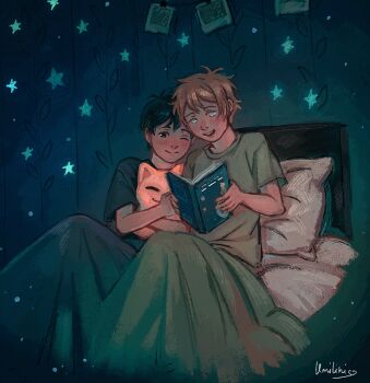 1boy 1girl alternate_costume antenna_hair artist_name basil_(faraway)_(omori) basil_(omori) black_eyes black_hair black_shirt blonde_hair blue_eyes blush book closed_mouth crossed_arms green_shirt highres holding holding_book holding_stuffed_toy indoors omori on_bed open_mouth photo_(object) pillow reading_together shirt short_hair short_sleeves sitting smile stuffed_animal stuffed_toy sunny_(omori) t-shirt teeth umilini2 under_covers upper_teeth_only