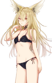 Rule 34 | 1girl, animal ears, arknights, black bra, black panties, blonde hair, bra, braid, breasts, cleavage, closed mouth, commentary request, cowboy shot, facial scar, groin, hair between eyes, highres, long hair, medium breasts, navel, panties, partial commentary, scar, scar on cheek, scar on face, shirokuma-kun, side-tie panties, simple background, solo, standing, underwear, underwear only, vulpisfoglia (arknights), white background, yellow eyes