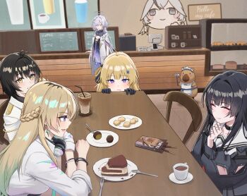 5girls a.l_(dpdldpf) black_hair black_jacket blonde_hair breasts cake cake_slice camellya_mascot_(meme) chisa_(wuthering_waves) closed_eyes closed_mouth commentary_request cup dress drooling earrings female_rover_(wuthering_waves) food grey_hair hair_ornament hair_ribbon hairclip halo highres indoors jacket jewelry long_hair lynae_(wuthering_waves) medium_breasts meme mornye_(wuthering_waves) multiple_girls namipon_(wuthering_waves) parallel_hairclips phoebe_(wuthering_waves) purple_dress purple_eyes ribbon rover_(wuthering_waves) shirt smile star_(symbol) star_earrings white_jacket white_shirt wuthering_waves x_hair_ornament yellow_eyes yellow_ribbon