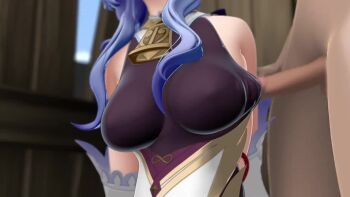 1boy 1girl 3d animated black_leotard blender_(medium) blue_hair blurry breasts bulge censored clothed_female_nude_male cowbell day depth_of_field detached_sleeves erection erection_under_clothes ganyu_(genshin_impact) genshin_impact head_out_of_frame hetero indoors large_breasts large_penis leotard long_hair medium_breasts mosaic_censoring nude paizuri paizuri_under_clothes penis penis_to_breast penis_under_another's_clothes schweinworks sidelocks sleeveless sound video