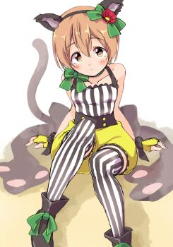 Rule 34 | 1girl, animal ear hairband, animal ears, blush, bow, brown eyes, brown hair, cat ear hairband, cat ears, closed mouth, commentary request, fake animal ears, fingerless gloves, gloves, green bow, hair bow, hairband, highres, hoshizora rin, looking at viewer, love live!, love live! school idol festival, love live! school idol project, sen (sen0910), short hair, sitting, solo, striped clothes, striped thighhighs, thighhighs, vertical-striped clothes, vertical-striped thighhighs, yellow gloves