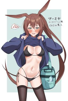 1girl absurdres alternate_costume amiya_(arknights) animal_ears aqua_background aqua_eyes arknights bag bikini bikini_under_clothes black_bikini black_ribbon black_sweater black_thighhighs blush border bottle breasts brown_hair cleavage clothes_lift highres lifting_own_clothes long_hair long_sleeves looking_at_viewer medium_breasts navel nekohitsuj96199 nervous_smile open_mouth outside_border ponytail rabbit_ears ribbon shoulder_bag side-tie_bikini_bottom sidelocks smile solo spoken_blush sweater sweater_lift swimsuit thighhighs translation_request very_long_hair white_border