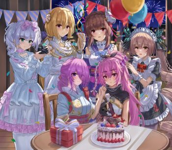 6+girls absurdres apron balloon birthday birthday_cake blonde_hair blunt_bangs blush bow bowtie box braid breasts brown_eyes brown_hair butterfly_hair_ornament cake camera chair choker closed_mouth collar confetti cup dress drill_hair eating eyes_visible_through_hair fingerless_gloves fireworks flower food food_on_face fork fox_mask frilled_apron frilled_collar frilled_dress frilled_kimono frills gift gift_box gloves green_eyes grey_hair hair_bow hair_ornament hair_over_one_eye hair_ribbon happy_birthday heaven_burns_red highres holding holding_camera holding_cup holding_fork holding_gift indoors japanese_clothes kimono kiryuu_miya kura_satomi lidce long_hair looking_at_viewer maid maid_apron maid_headdress mask mask_on_head multiple_girls night night_sky official_alternate_costume ogasawara_hisame open_mouth pantyhose party_popper pennant pink_bow pink_eyes pink_hair ponytail purple_eyes purple_hair red_bow red_eyes ribbon shirakawa_yuina short_sleeves sidelocks sitting sky smile streamers string_of_flags sugawara_chie table thick_eyebrows tsukishiro_monaka twintails very_long_hair white_dress white_hair white_kimono