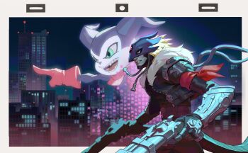 2boys absurdres bandana bandana_around_arm bandana_around_neck beelzebumon black_jacket blonde_hair blue_mask cityscape cowboy_shot cropped_jacket demon_boy demon_tail digimoji digimon digimon_(creature) evolutionary_line eye_mask fang gift_art gloves green_eyes gun highres holding holding_gun holding_weapon impmon jacket leondraws mask multiple_boys night open_clothes open_jacket parted_lips pointing red_bandana red_eyes red_gloves short_hair tail teeth third_eye weapon