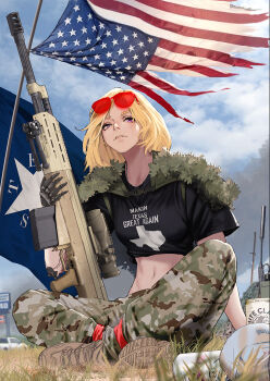1girl alcohol american_flag billboard bipod black_shirt blonde_hair blue_eyes boots brown_boots brown_pants camouflage camouflage_capelet camouflage_pants can capelet clothes_writing cloud cropped drink_can earrings eyewear_on_head gun highres holding holding_gun holding_weapon indian_style jewelry magazine_(weapon) medium_hair mole mole_under_eye motor_vehicle navel on_grass on_ground orange-tinted_eyewear original outdoors pants parted_lips pickup_truck radio_antenna rifle scope shirt shirt_rolled_up short_sleeves shuten_(project_sky) sitting sniper_rifle solo sunglasses t-shirt texas texas_flag tinted_eyewear torn_flag truck weapon white_claw_(brand)