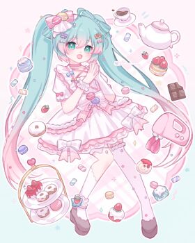 alternate_costume aqua_eyes aqua_hair asymmetrical_legwear bow chocolate cup dress food fruit gloves gradient_hair hair_bow hair_ornament hatsune_miku highres lolita_fashion macaron mismatched_legwear mixer_(cooking) multicolored_hair own_hands_together pink_hair single_glove strawberry sweet_lolita teacup teapot vocaloid white_dress yukomeow