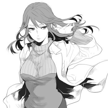 1girl breasts commentary_request doctor durarara!! greyscale hair_between_eyes hand_in_own_hair hand_up lab_coat lips long_hair long_sleeves looking_to_the_side monochrome noppo parted_lips ribbed_sweater simple_background sketch skirt solo sweater teeth turtleneck turtleneck_sweater upper_body very_long_hair white_background wind yagiri_namie