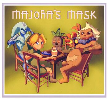 5boys album_cover_redraw arm_tattoo blonde_hair boots bottle chair darmani deku_butler's_son deku_scrub derivative_work gloves goron hat highres instrument jewelry link looking_at_viewer mask mikau milk milk_bottle multiple_boys nasagina necklace nintendo ocarina sitting skull_kid smile table tattoo the_legend_of_zelda the_legend_of_zelda:_majora's_mask tunic yellow_magic_orchestra zora