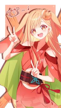 Rule 34 | 1girl, absurdres, animal ears, blonde hair, blush, bow, cho kaguya-hime!, clothing cutout, commentary request, crab, crescent, crescent hair ornament, double v, green pupils, hair ornament, highres, japanese clothes, kaguya (cho kaguya-hime!), kimono, long hair, looking at viewer, lop rabbit ears, musical note, open mouth, orange eyes, orange hair, rabbit ears, sash, shoulder cutout, smile, solo, tassel, v, virtual youtuber, yuanzi ako