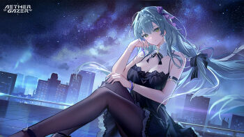 1girl aether_gazer armlet artist_request black_bow black_dress black_pantyhose blue_nails bow bracelet braid breasts character_request cityscape closed_mouth collar copyright_name dress earrings grey_hair hair_bow hair_intakes hair_ribbon highres jewelry long_hair multiple_bracelets official_art pantyhose purple_ribbon ribbon second-party_source sky solo star_(sky) starry_sky striped_bow white_collar