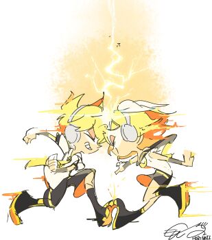 >_< 1boy 1girl absurdres bare_shoulders black_sailor_collar black_shorts blonde_hair brother_and_sister chibi closed_eyes electricity forehead-to-forehead grin headbutt headphones heads_together headset highres kagamine_len kagamine_rin mori_no_ji motion_blur motion_lines neckerchief necktie ponytail running sailor_collar shirt short_hair short_ponytail short_sleeves shorts siblings sketch sleeveless sleeveless_shirt smile sparkle tackle teasing twins vocaloid yellow_neckerchief yellow_necktie