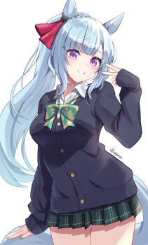 1girl animal_ears black_cardigan blue_hair blush bow braid breasts cardigan collared_shirt commentary_request crown_braid green_skirt highres horse_ears horse_girl horse_tail long_hair looking_at_viewer medium_breasts mejiro_ardan_(umamusume) open_mouth pleated_skirt ponytail purple_eyes shirt simple_background skirt smile solo tail ugura_(ugurax) umamusume white_shirt