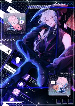 :d a_date_with_death absurdres black_gloves black_jacket black_shirt boots border casper_(a_date_with_death) chibi chibi_inset crossed_bangs figure_four_sitting foot_out_of_frame gloves grid hair_between_eyes hair_over_shoulder hand_on_own_head head_rest head_tilt high_collar highres holding holding_scythe icon_(computing) jacket jacket_partially_removed jellyfish_cut long_sidelocks looking_at_viewer muscular muscular_male official_art open_mouth over_shoulder promotional_art red_eyes scythe shirt sidelocks sitting sleeveless sleeveless_shirt smile teeth upper_teeth_only weapon weapon_over_shoulder white_hair window_(computing)