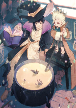 2boys absurdres asagiri_gen black_hair black_robe book cauldron child doran_(doran7280) dr._stone floating floating_book floating_object grey_hair hat highres holding ishigami_senkuu long_sleeves magic male_focus multicolored_hair multiple_boys open_book red_eyes robe short_hair sitting smile spiked_hair white_hair witch witch_hat