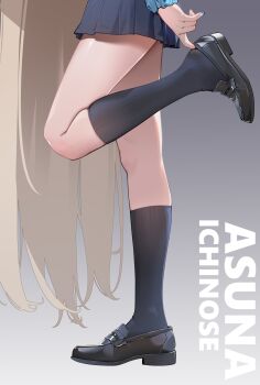 1girl absurdly_long_hair absurdres asuna_(blue_archive) asuna_(school_uniform)_(blue_archive) black_shoes black_socks blonde_hair blue_archive blue_nails blue_scrunchie blue_skirt chinese_commentary commentary_request highres kneehighs long_hair lower_body official_alternate_costume painterliuhao pleated_skirt putting_on_footwear scrunchie shoes skirt socks solo standing standing_on_one_leg very_long_hair