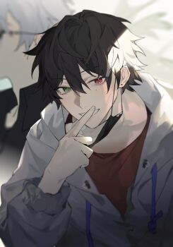 2boys aohitsugi_samatoki black_hair black_shirt blurry drawstring ear_piercing earrings green_eyes grey_hair grey_jacket grin hair_between_eyes hand_up heterochromia highres hood hood_down hoodie hypnosis_mic index_finger_raised jacket jewelry long_sleeves looking_at_viewer male_focus mask mask_pull mole mole_under_eye mouth_mask multiple_boys open_clothes parted_lips piercing red_eyes red_shirt shirt short_hair shuiyiyaogong smile solo_focus sunglasses teeth upper_body white_hair white_hoodie yamada_ichiro yaoi